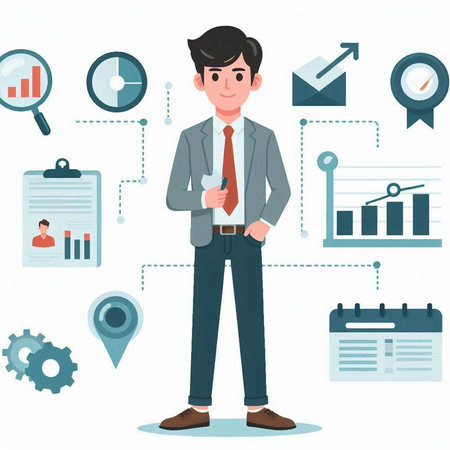 Businessman standing in front of business icons. Vector illustration in flat style.のイラスト素材