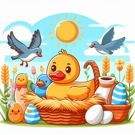 Vector illustration of Cute cartoon yellow duckling with eggs in the basket.のイラスト素材