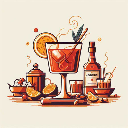 Cocktail with ice, orange and spices. Vector illustration.のイラスト素材