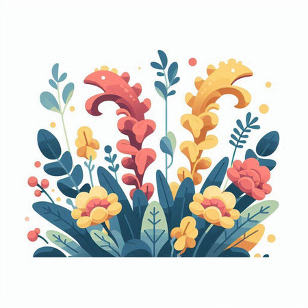 Floral composition with flowers and leaves in flat style. Vector illustration.のイラスト素材