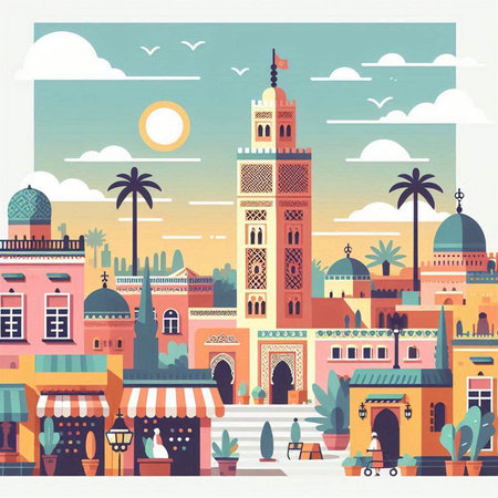 Vector illustration of the famous Koutoubia Mosque in Marrakesh, Moroccoのイラスト素材