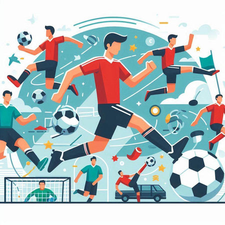 Soccer players in action. Flat vector illustration. Football match on white background.のイラスト素材