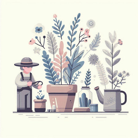 Gardener in a hat watering plants. Vector illustration in flat styleのイラスト素材