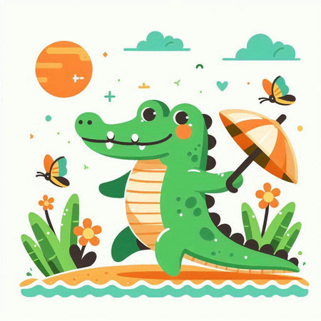 Cute crocodile with umbrella and flower. Vector illustration in flat style.のイラスト素材