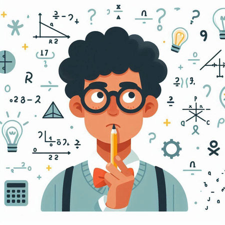 Vector illustration of a boy in glasses with a pencil in his hands.のイラスト素材