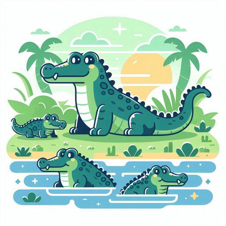 Crocodile in the jungle. Vector illustration in flat styleのイラスト素材