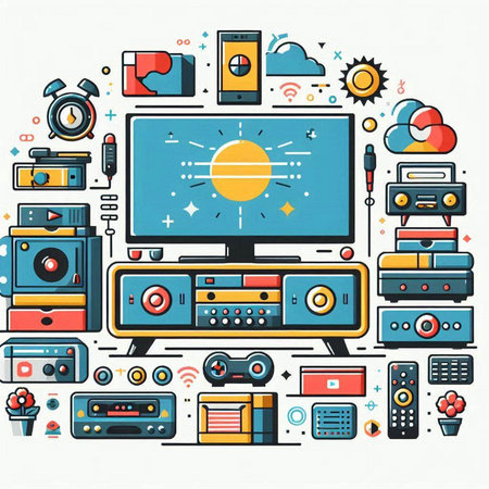 Colorful line art vector illustration of home music and video recording equipment.のイラスト素材