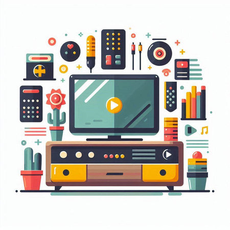 Home entertainment flat design vector illustration. TV, game console, remote control, headphones, video player, keyboard, mouse.のイラスト素材
