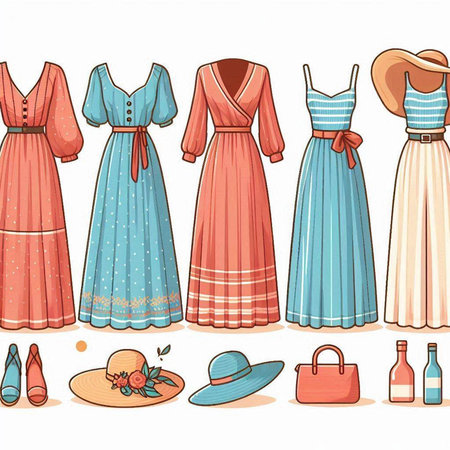 set of women's dresses and accessories. vector illustration in cartoon styleのイラスト素材