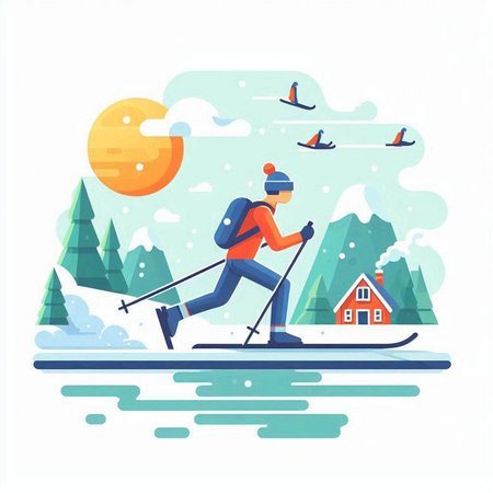 Winter sport. Man skiing in the mountains. Flat vector illustration.のイラスト素材