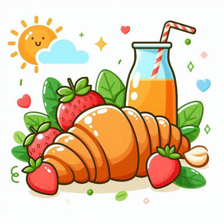 Croissant and strawberry juice in a glass. Vector illustration.のイラスト素材
