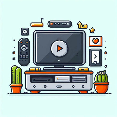Vector illustration of modern flat line design concept of home entertainment. Video player, tv, video player, remote control, headphones, cactus in pot on light blue background.のイラスト素材