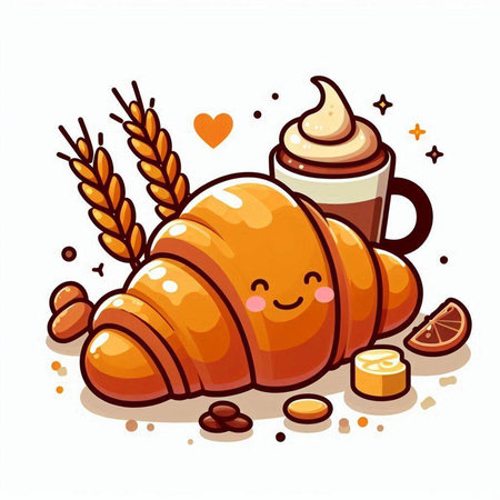 Cute cartoon croissant with coffee and cream. Vector illustration.のイラスト素材