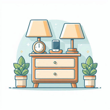 Vector illustration of nightstand with lamp, alarm clock and plant.のイラスト素材