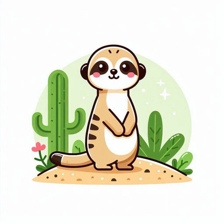 Cute cartoon meerkat with cactus. Vector illustration.のイラスト素材