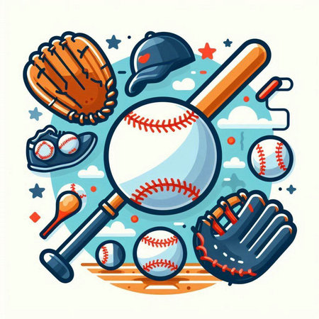 Baseball sport equipment. Baseball ball, bat, glove, ball, bat. Vector illustrationのイラスト素材