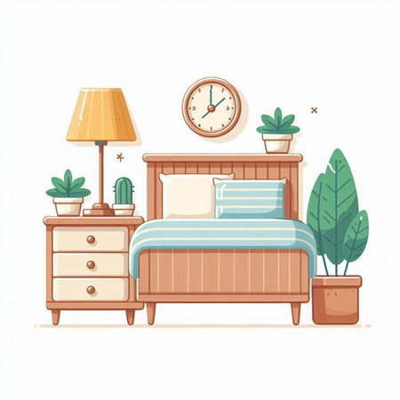 Bedroom interior with bed, lamp, potted plants. Vector illustration.のイラスト素材