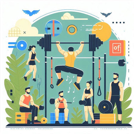 Fitness and healthy lifestyle. Flat vector illustration of people doing exercises in gym.のイラスト素材