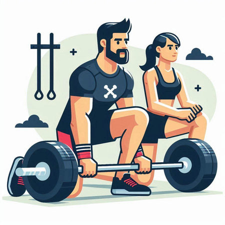 Man and woman lifting barbell. Vector illustration in cartoon style.のイラスト素材
