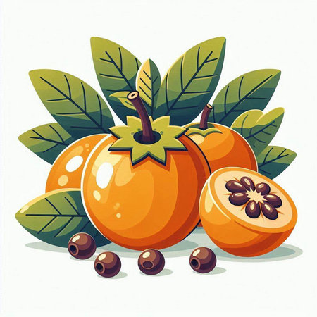 Ripe persimmon fruit with leaves and berries. Vector illustration.のイラスト素材