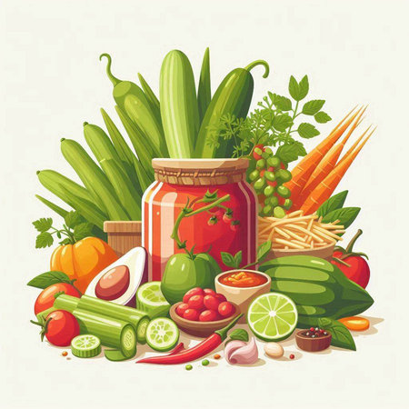 Vector illustration of a jar of pickled cucumbers, tomatoes, peppers and other vegetables.のイラスト素材