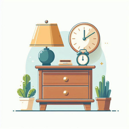 Bedside table with lamp and clock. Flat style vector illustration.のイラスト素材