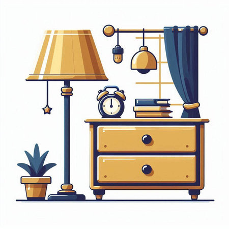 Bedside table with lamp and books. Vector illustration in flat styleのイラスト素材