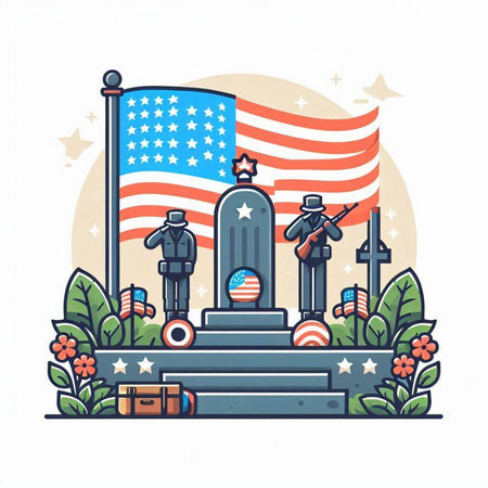 American flag with soldiers on grave. Memorial Day. Vector illustration.のイラスト素材