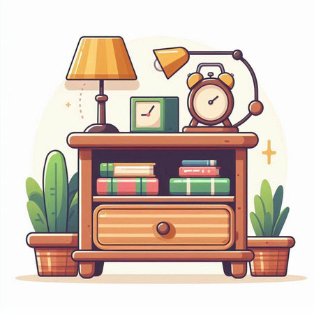 Bookshelf with books and alarm clock. Vector illustration in cartoon styleのイラスト素材