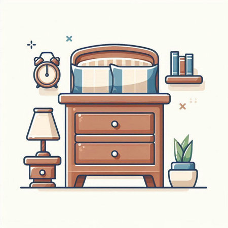 Furniture flat color vector icon. Furniture, bedside table, nightstand, lamp, books, plant pot isolated cartoon illustrationのイラスト素材