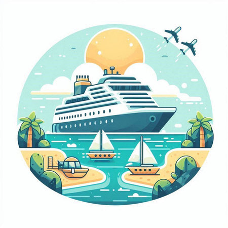 Cruise ship on the sea. Vector illustration in flat style.のイラスト素材