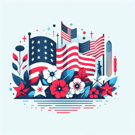 American flag with flowers and leaves in flat style. Vector illustration.のイラスト素材