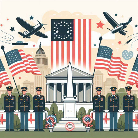 Patriotic composition with american flag and soldiers. Vector illustrationのイラスト素材