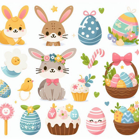 Easter set with cute bunny, eggs and flowers. Vector illustrationのイラスト素材