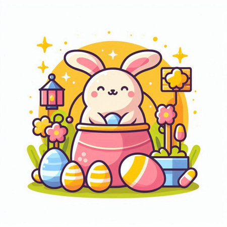 Cute cartoon bunny in pot with easter eggs. Vector illustration.のイラスト素材