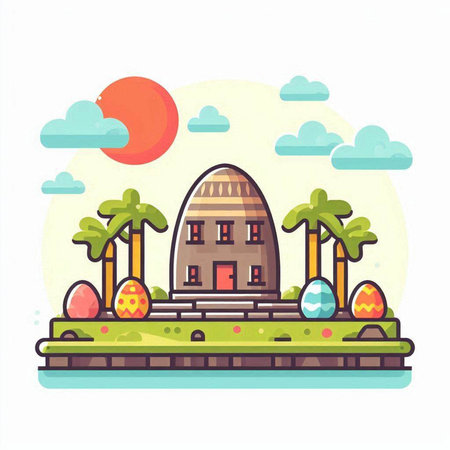 Buddhist temple flat color vector illustration. Religious building on island with palms and sunのイラスト素材