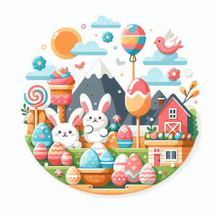 Happy Easter greeting card. Cute bunny, colorful eggs, lollipops, cake, sun, mountains. Vector illustration.のイラスト素材