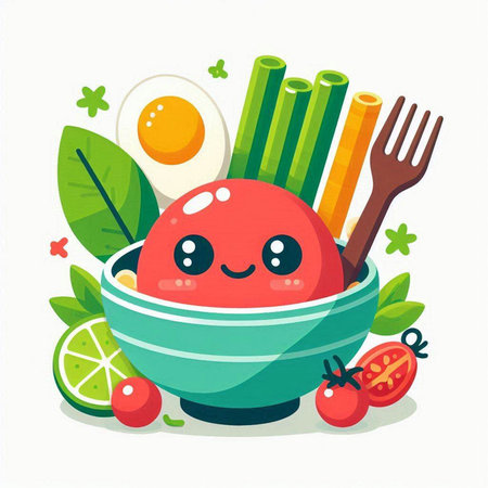 Cute kawaii tomato salad in bowl with ingredients. Vector illustration.のイラスト素材
