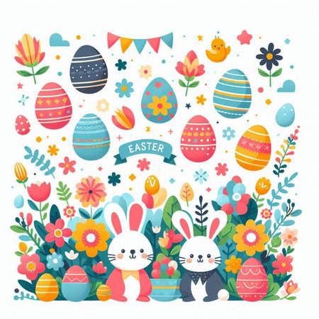 Easter greeting card with cute bunny, eggs and flowers. Vector illustration.のイラスト素材