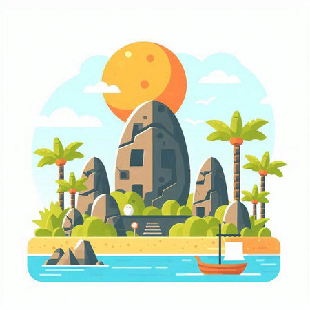 Sea island with palm trees and rocks. Flat style vector illustration.のイラスト素材