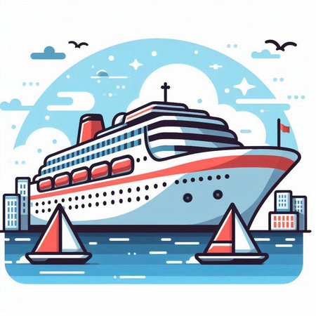 Cruise ship in the sea. Vector illustration in flat style.のイラスト素材