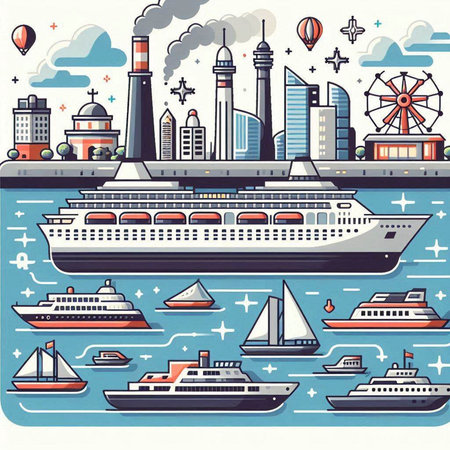 Cruise ship and sea port. Vector illustration in flat style.のイラスト素材