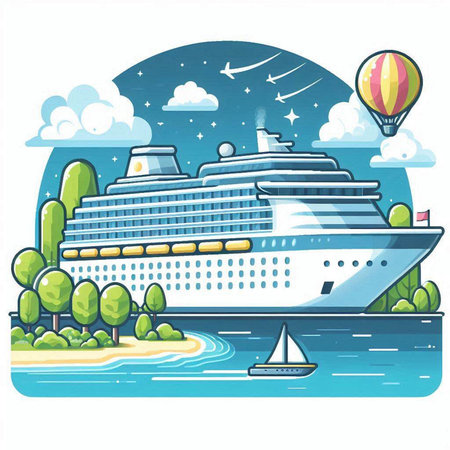 Cruise ship on the seashore. Vector illustration in cartoon styleのイラスト素材