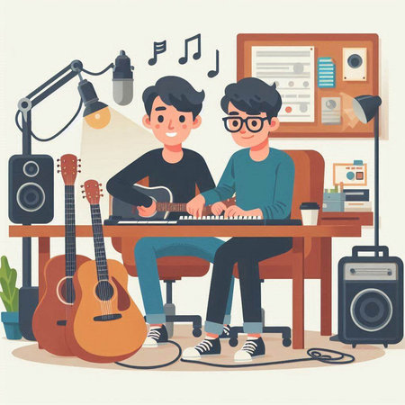 Hipster boys playing guitar and singing at home. Vector illustrationのイラスト素材