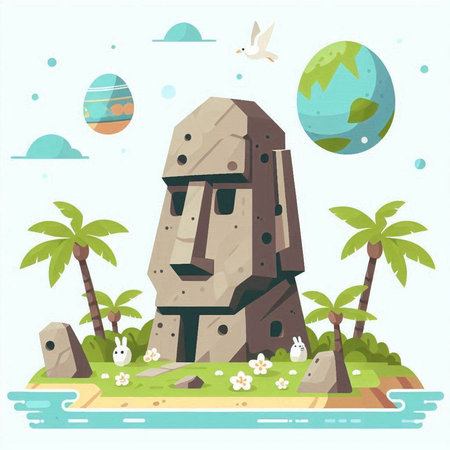 Illustration of an island with a stone, palm trees, birds and eggsのイラスト素材