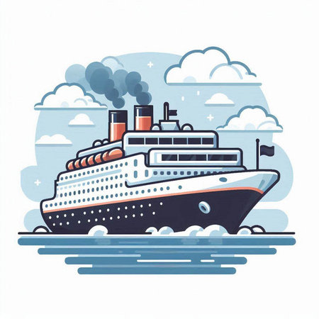 Vector illustration of a cruise liner in the sea with clouds and sky.のイラスト素材