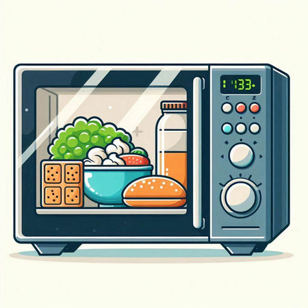 Microwave oven with food. Vector illustration in cartoon style.のイラスト素材