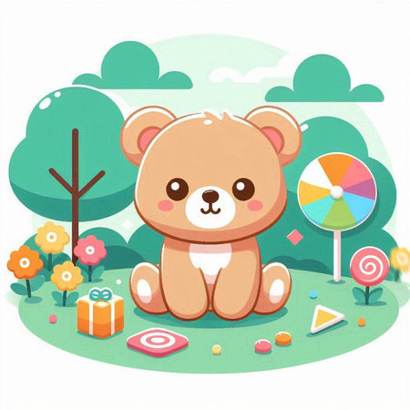 Teddy bear playing in the park. Cute cartoon vector illustration.のイラスト素材