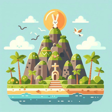 Vector illustration of an island with a cross and a rooster.のイラスト素材