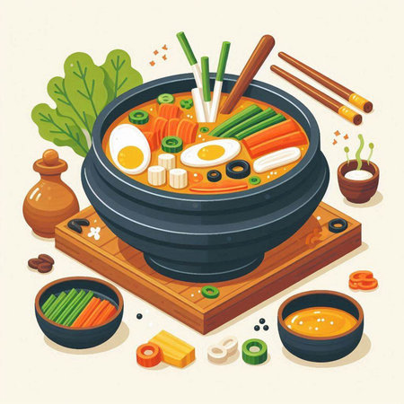 Japanese soup in a bowl with vegetables and eggs. Vector illustration.のイラスト素材